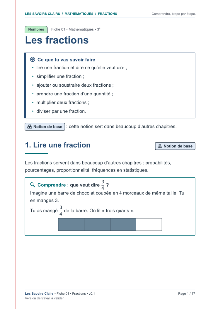 Aperçu de la première page de la fiche « Les fractions »