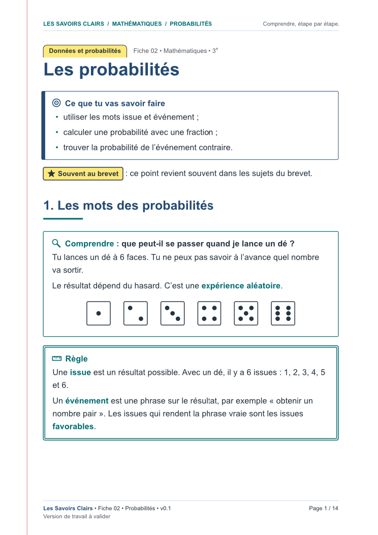 Aperçu de la première page de la fiche « Les probabilités »