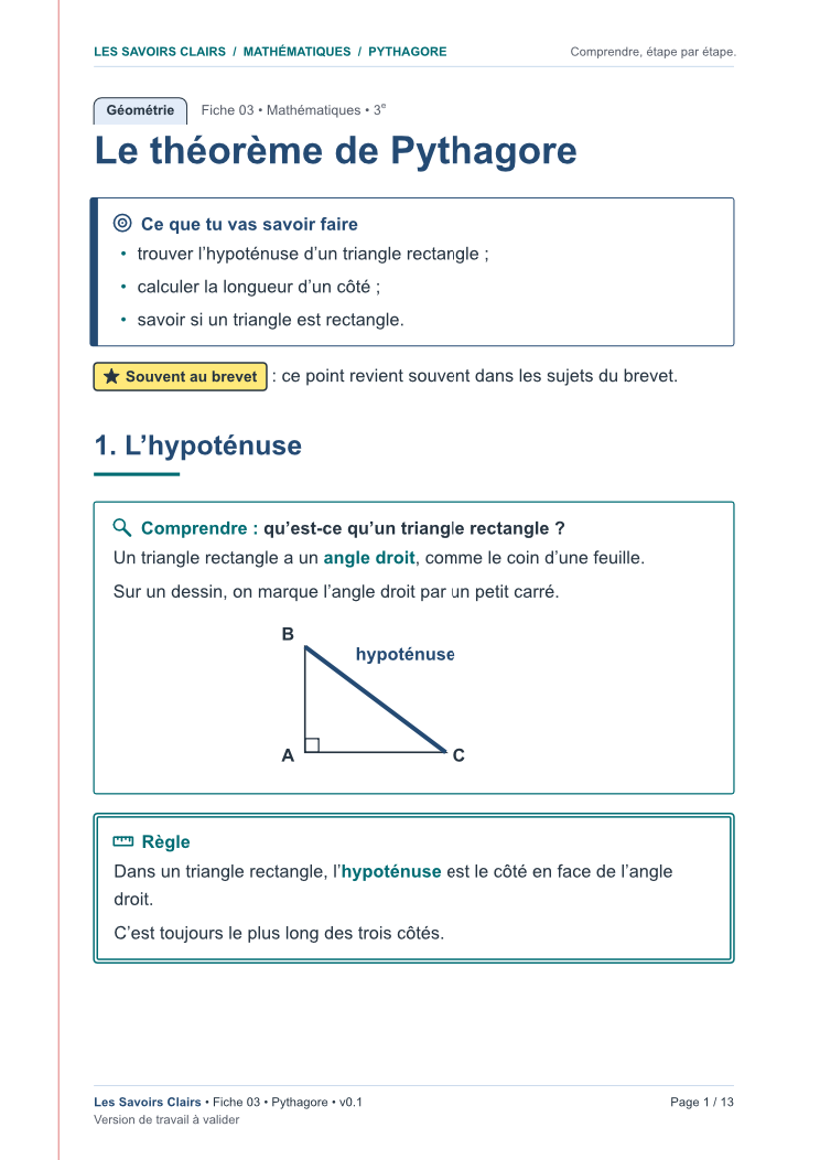 Aperçu de la première page de la fiche « Le théorème de Pythagore »