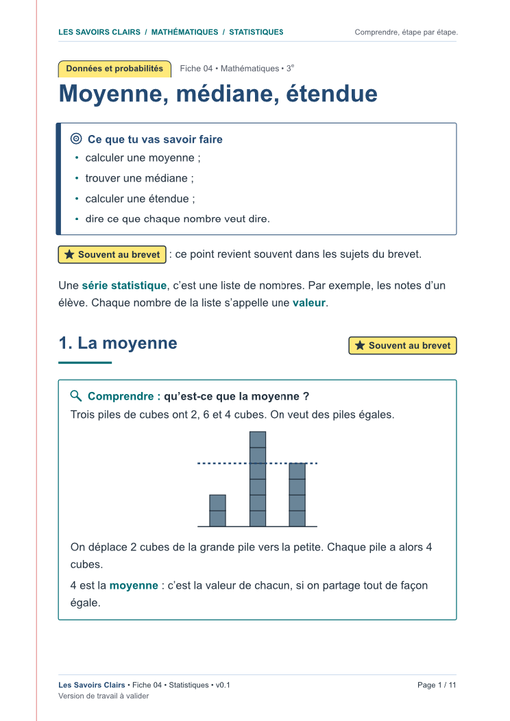 Aperçu de la première page de la fiche « Moyenne, médiane, étendue »