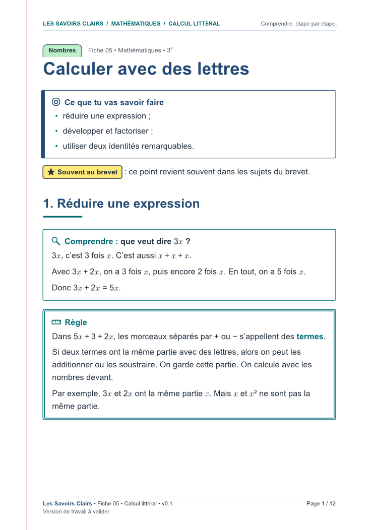 Aperçu de la première page de la fiche « Calcul littéral »