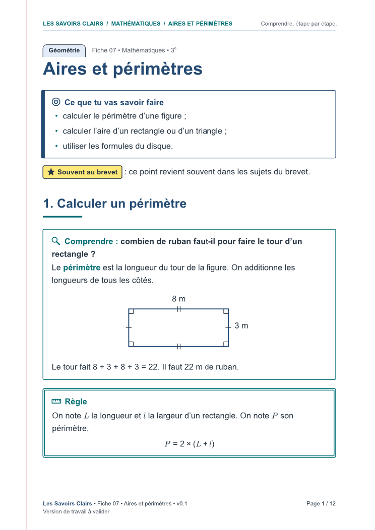 Aperçu de la première page de la fiche « Aires et périmètres »