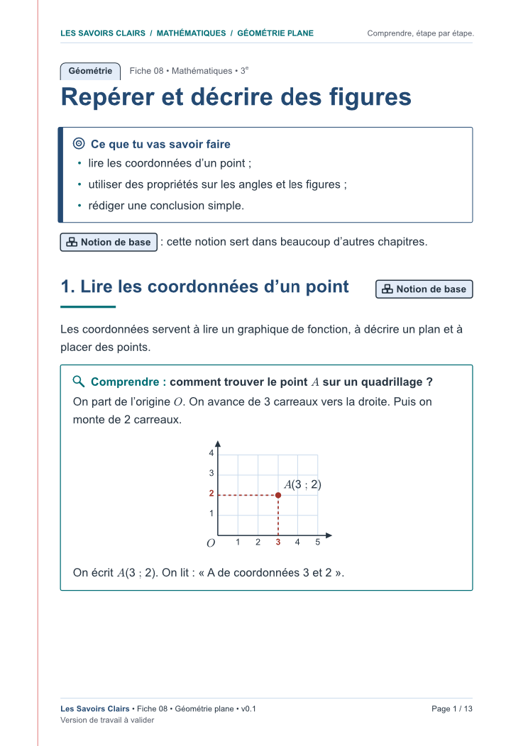 Aperçu de la première page de la fiche « Géométrie plane : repérer et décrire des figures »